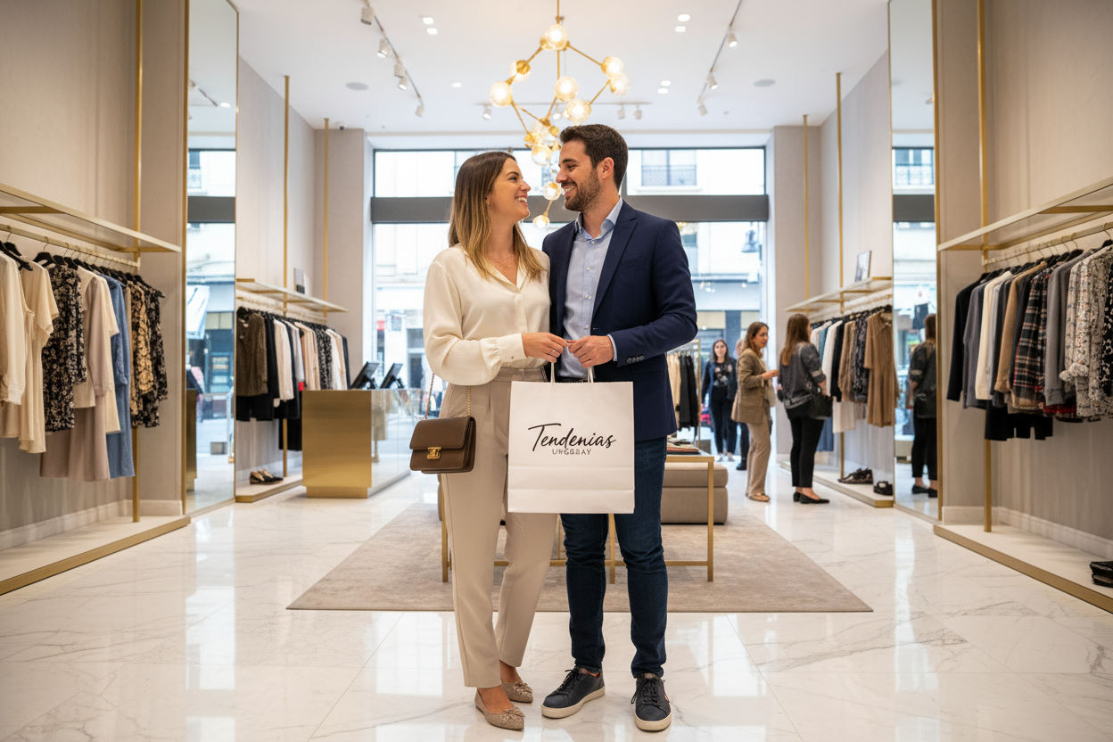 generame una iamgen de una pareja joven y feliz de uruguayos realizando una comrpa en una tienda de moda elegante con una bolsa en la mano que ponga el nombre de la tienda: Tendencias Uruguay